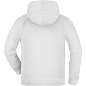 A hooded jacket in light grey with a smooth finish and a back view. It features a logo on the garment.