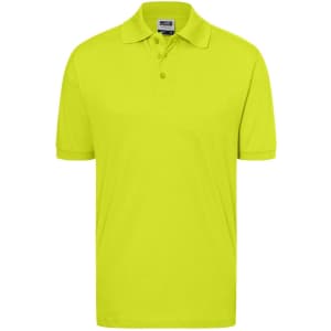 A bright yellow polo shirt with a classic design and a collar, featuring a logo on the chest area.
