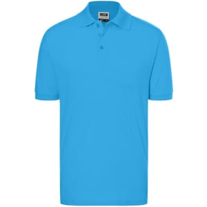 A bright blue classic polo shirt with a collar and buttons, featuring a branding logo.