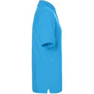 A side view of a bright blue polo shirt, featuring a collar and short sleeves, with a logo on the chest.