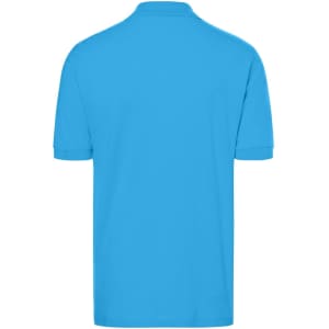 A blue polo shirt featuring a collar and short sleeves, displaying a branding logo.