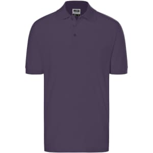 A purple polo shirt with a collar and short sleeves, featuring a logo on the chest area.