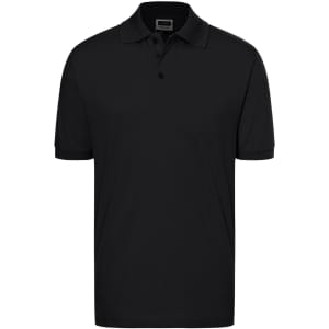 A black polo shirt featuring a collar and buttons, with a brand logo on the label.