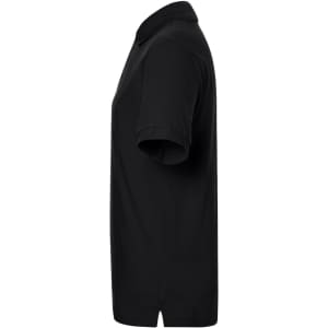 A black polo shirt displayed from the side with a classic design and logo on the chest.