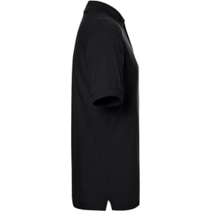 A black classic polo shirt, featuring a collar and short sleeves, displayed from the side with a logo.