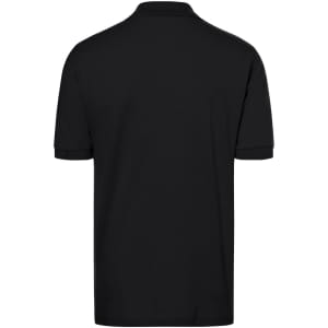 A black polo shirt with a classic design, featuring a collar and short sleeves, and a logo on the back.