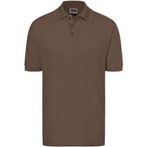 A brown polo shirt featuring a collared neckline and short sleeves, with branding on the label.