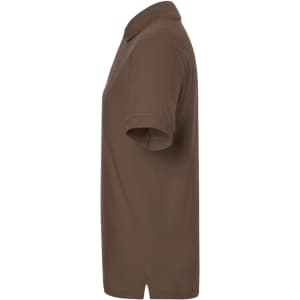 A brown polo shirt with a classic design, featuring short sleeves and a collar. The shirt has a logo on it.
