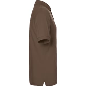A brown polo shirt featuring a classic style with a collar and short sleeves, including a logo on the chest.