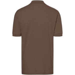 A classic brown polo shirt with a short sleeve design and a collar, featuring a logo on the front.