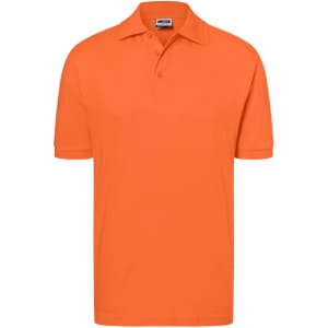 An orange polo shirt with a collar and short sleeves, featuring a logo on the chest.