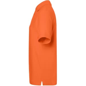 A side view of a classic polo shirt in bright orange, featuring short sleeves and a collar.