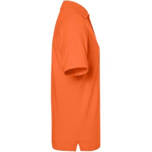 An orange polo shirt displayed from the side, featuring a collar and short sleeves. The shirt has a logo on it.