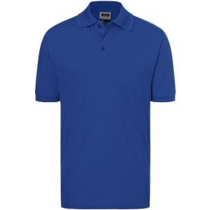 A blue polo shirt featuring a collar and three-button placket, with a brand logo on the label.