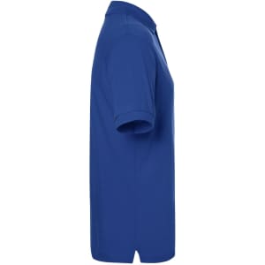 A blue polo shirt is displayed from the side, featuring a classic collar and short sleeves. It has a branding logo.