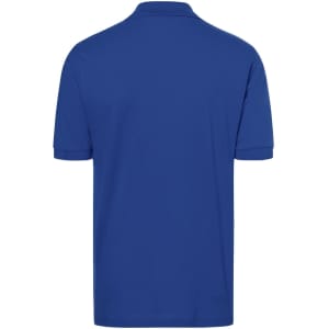 A blue polo shirt with a collar and short sleeves, featuring a logo on the back.