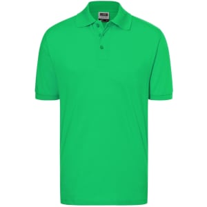A short-sleeved polo shirt in bright green, featuring a collar and three buttons, with a logo on the chest.