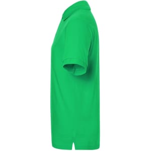 A green polo shirt displayed from the side, featuring short sleeves and a collar. It has a logo on it.