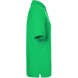 A green polo shirt displayed from the side, featuring a collar and short sleeves, with a logo present.