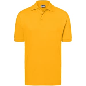 A bright yellow polo shirt with a classic collar and short sleeves. It features a logo on the chest.