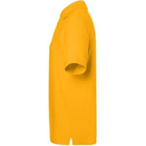 A classic yellow polo shirt with short sleeves, featuring a collar and a logo on the front.