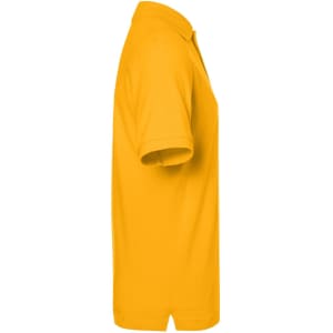A side view of a bright yellow classic polo shirt featuring a collar and short sleeves. It has a logo.