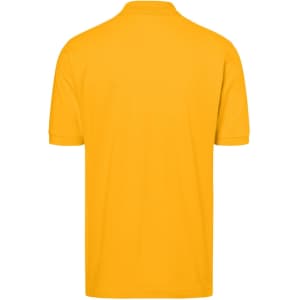 A yellow polo shirt with a classic design, featuring a collar and short sleeves. The shirt has a logo on it.