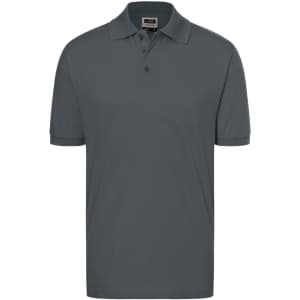 A classic polo shirt in a dark grey colour, featuring a collared neck and a logo on the chest.