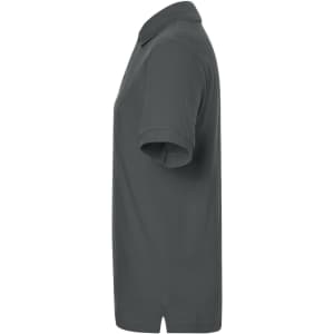 A classic polo shirt in dark grey, featuring a collar and short sleeves. The shirt has a logo.