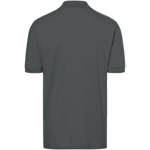 A grey classic polo shirt displayed from the back, featuring a collar and short sleeves. It has a logo.