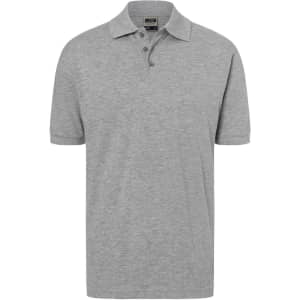 A grey classic polo shirt with a collar, short sleeves, and three buttons, featuring a logo.