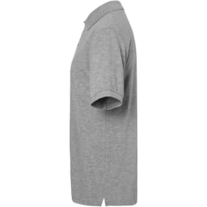 A grey polo shirt displayed from the side, featuring a collar and short sleeves. The shirt has a logo.