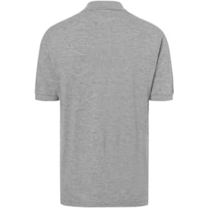 A grey classic polo shirt featuring a collar and short sleeves, with a logo on the back.