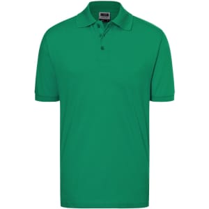 A green polo shirt with a collar, short sleeves, and a logo on the chest.