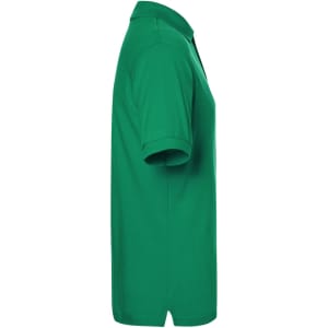 A green polo shirt displayed from the side, featuring a collar and short sleeves. The shirt includes a logo.