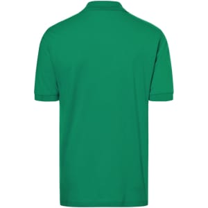 A green polo shirt with a classic fit, featuring short sleeves and a collar, with a logo on the front.