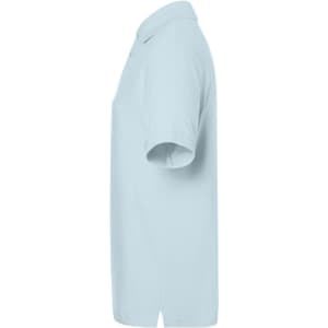 A light blue polo shirt with short sleeves, featuring a collar and a logo on the side.