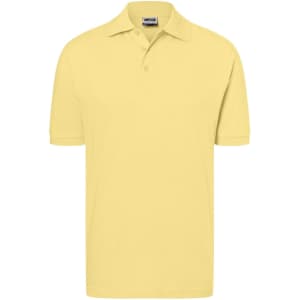 A yellow polo shirt with a collared neckline and short sleeves, featuring a logo on the chest.