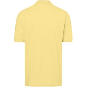 A yellow polo shirt with a classic design, featuring a collar and short sleeves. It has a logo on the back.