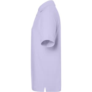 A lilac polo shirt with a classic design and a logo on the chest, displayed from the side.