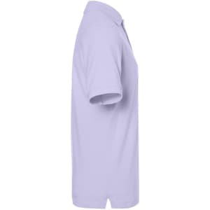A side view of a classic polo shirt in light purple, featuring a collar and short sleeves. It has a logo on the chest.