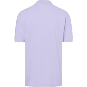 A lilac polo shirt with short sleeves and a collar, featuring a logo on the back.