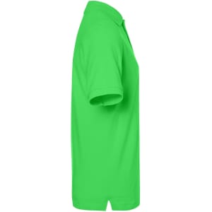 A bright green polo shirt with a collar, featuring short sleeves and a logo on the side.