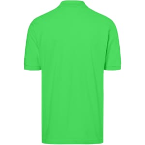 A green polo shirt featuring a collar and short sleeves, with a logo on the back.