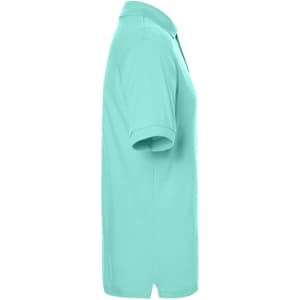 A turquoise polo shirt with a classic design, featuring a collar and short sleeves. It includes a logo.