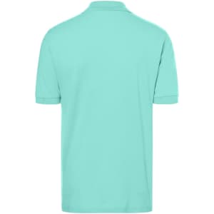 A light blue polo shirt with a classic collar and short sleeves, featuring a logo on the back.