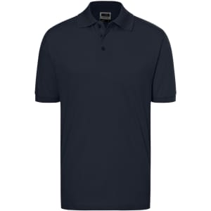A navy blue classic polo shirt with a collar and three-button placket, featuring a logo.