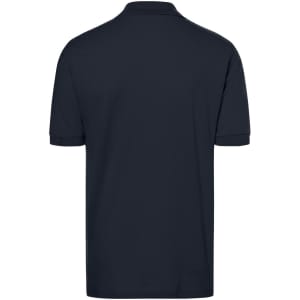 A classic polo shirt in navy blue with a collar and short sleeves, featuring a logo.