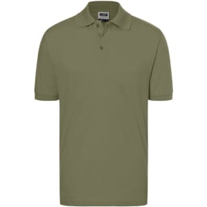 A classic polo shirt in an olive green colour, featuring a collar, short sleeves, and a logo on the chest.