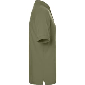A khaki polo shirt displayed from the side, featuring a collar and short sleeves. The shirt has a logo.